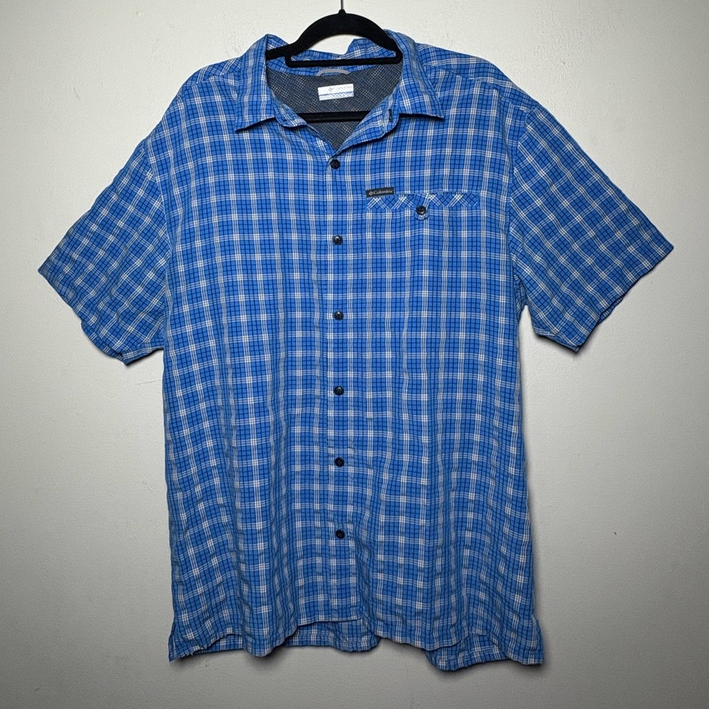 Columbia Blue Checkered Button Down Men's Short Sleeve Shirt Size XL